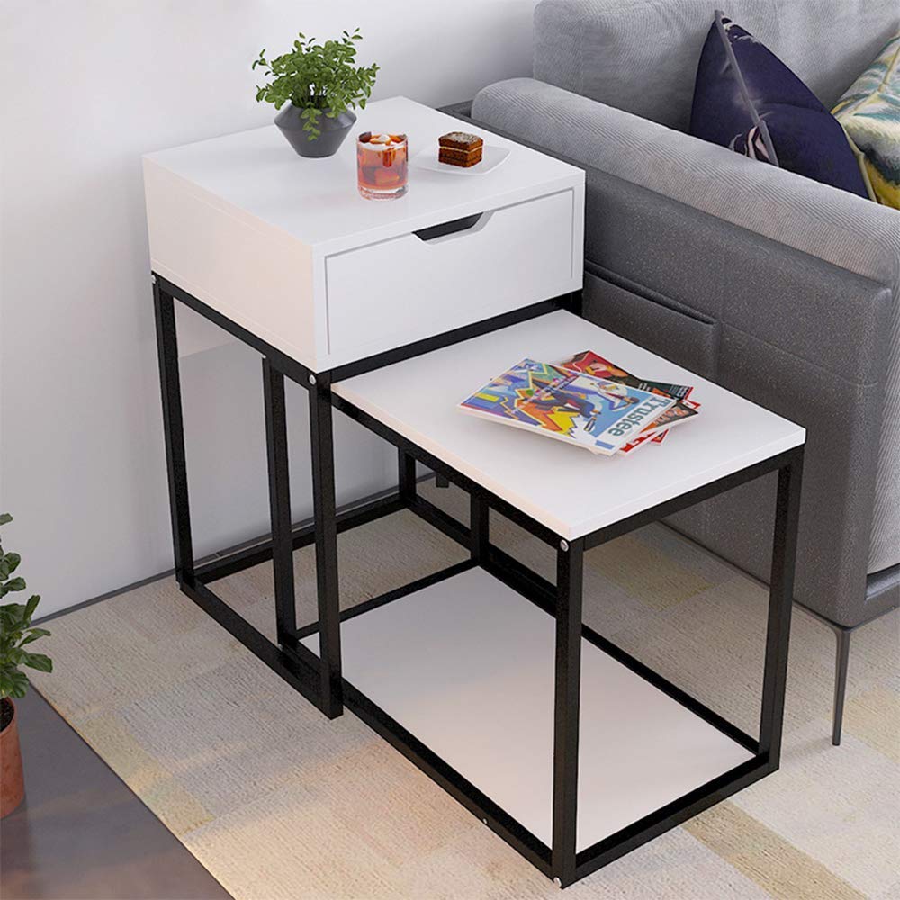 Buy Living Room Table Set 2in1 Coffee Table, Modern Nest of 2 Side Table, White Telescopic End