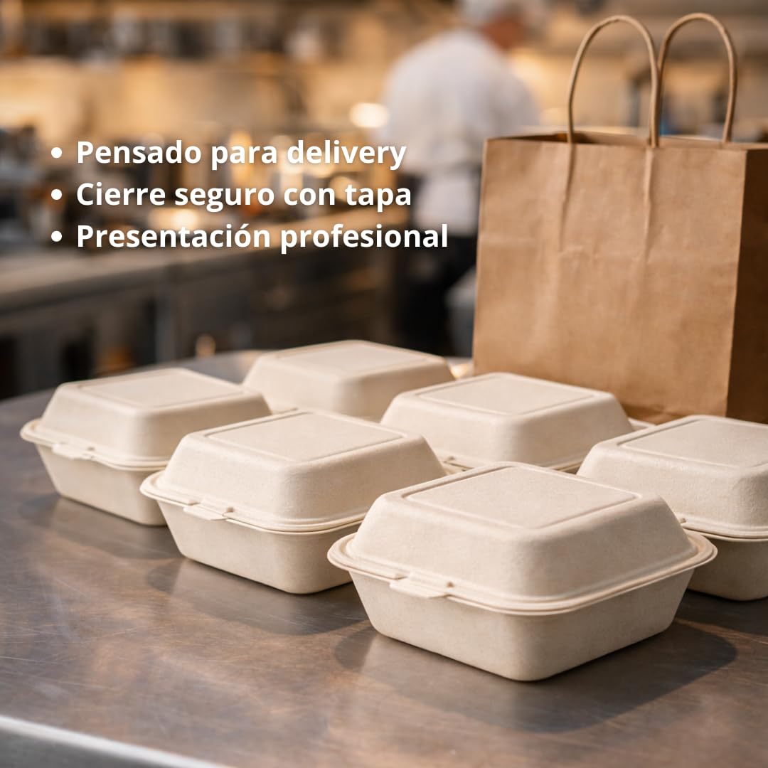 Envases Desechables para Alimentos 500 ml Pack 50 Unidades | Tupper Desechables Biodegradables con Tapa 152x152 mm | Cajas Comida para Llevar Aptas Microondas y Horno (50)