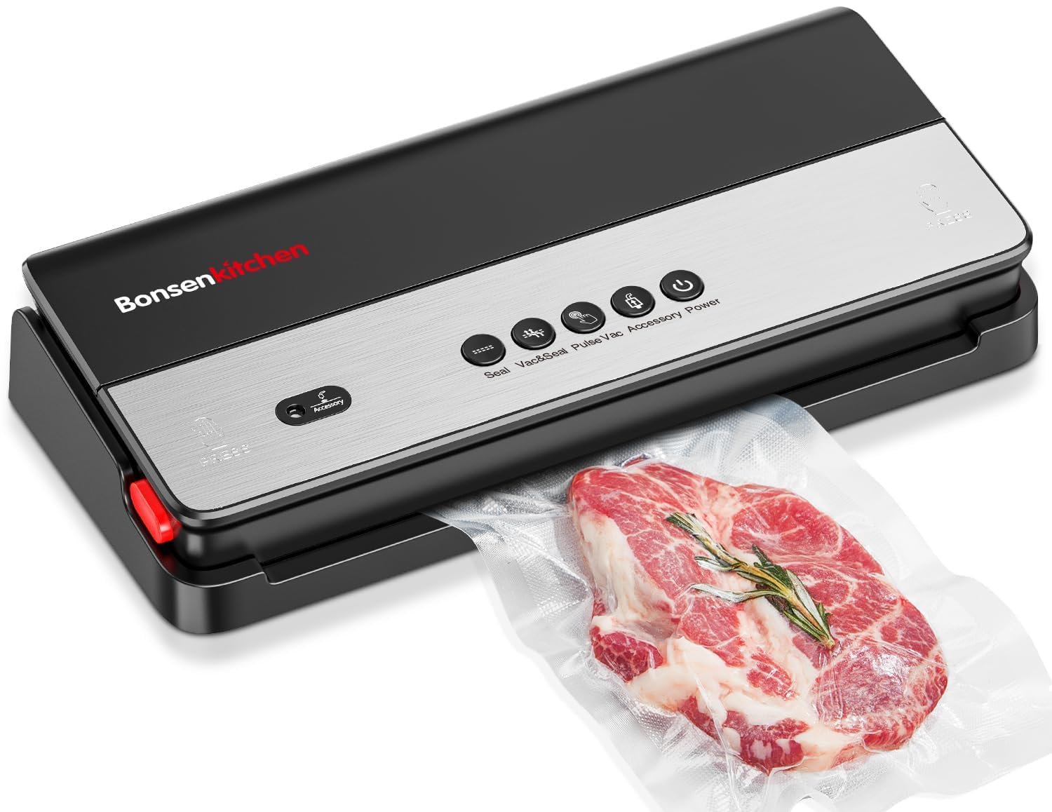 Bonsenkitchen Vacuum Sealer, Multi-Functional Food Sealer Machine with 1 Roll Bag+ 5 Bags, Bag Storage | Built-in Cutter, Black （Red）
