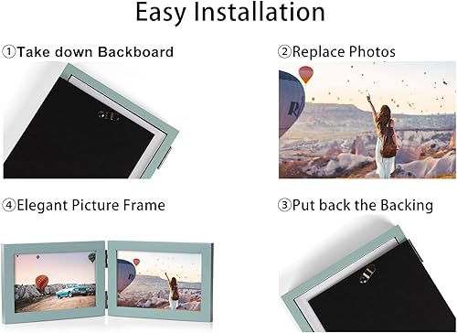 Miniatura 8 de Marco de fotos doble de 4 x 6 pulgadas con bisagras horizontales, marco de fotos plegable en madera de pino azul teja con vidrio real para colocar