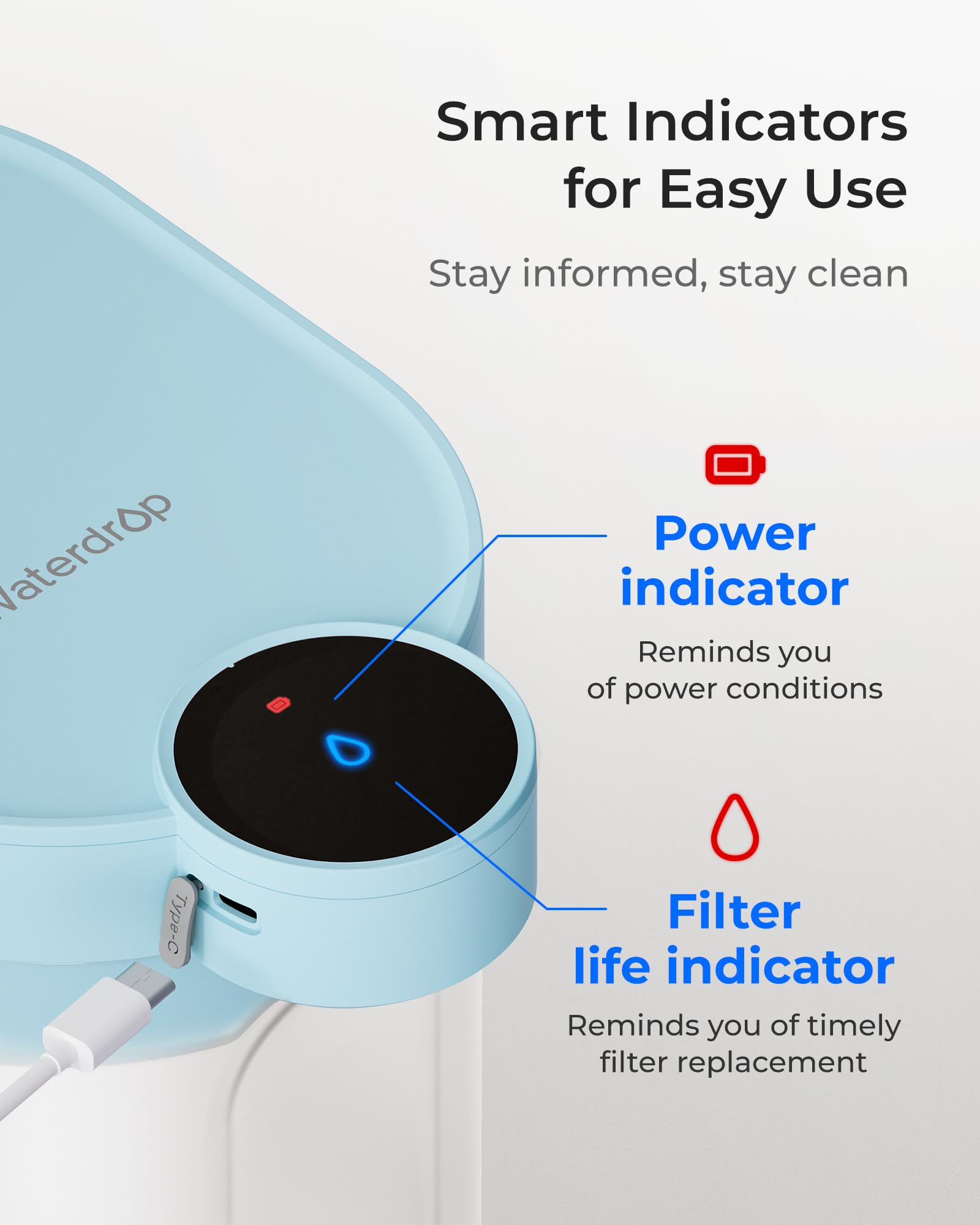Waterdrop 0 TDS Zero TDS dozownik filtra wody, z możliwością ponownego ładowania, 5-stopniowy, wydajny dzbanek elektryczny, redukuje chlor, ołów, niebieski