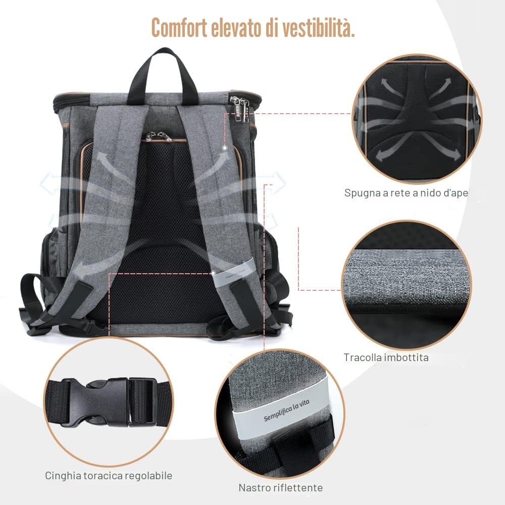 Lekesky Zaino per Cani Gatti Grande Porta Animali Estensibile, Portatile Zaino Trasportino Gatto Pieghevole con Guinzaglio Interno e 2 Tappetini, Per Cani Piccoli Gatti Medi Fino a 5 KG, Grigio