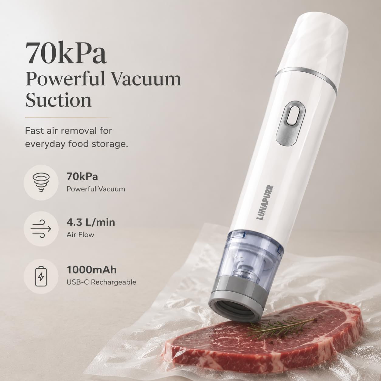 Handstaubsauger mit 30 wiederverwendbaren Vakuumbeuteln, 70 kPa schnurlos, wiederaufladbar, Lebensmittel-Vakuumiergerät für Mahlzeitenvorbereitung, Sous-Vide, Lebensmittelaufbewahrung, Kühlschrank und