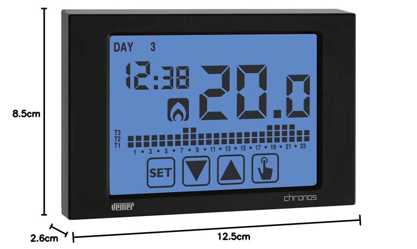 VEMER VE454500 CHRONOS - Termostato Digital Programable de Pantalla Táctil Electrónica para Calefacción y Aire Acondicionado con Adecuado Montaje en Pared, Alimentación 230V, Negro