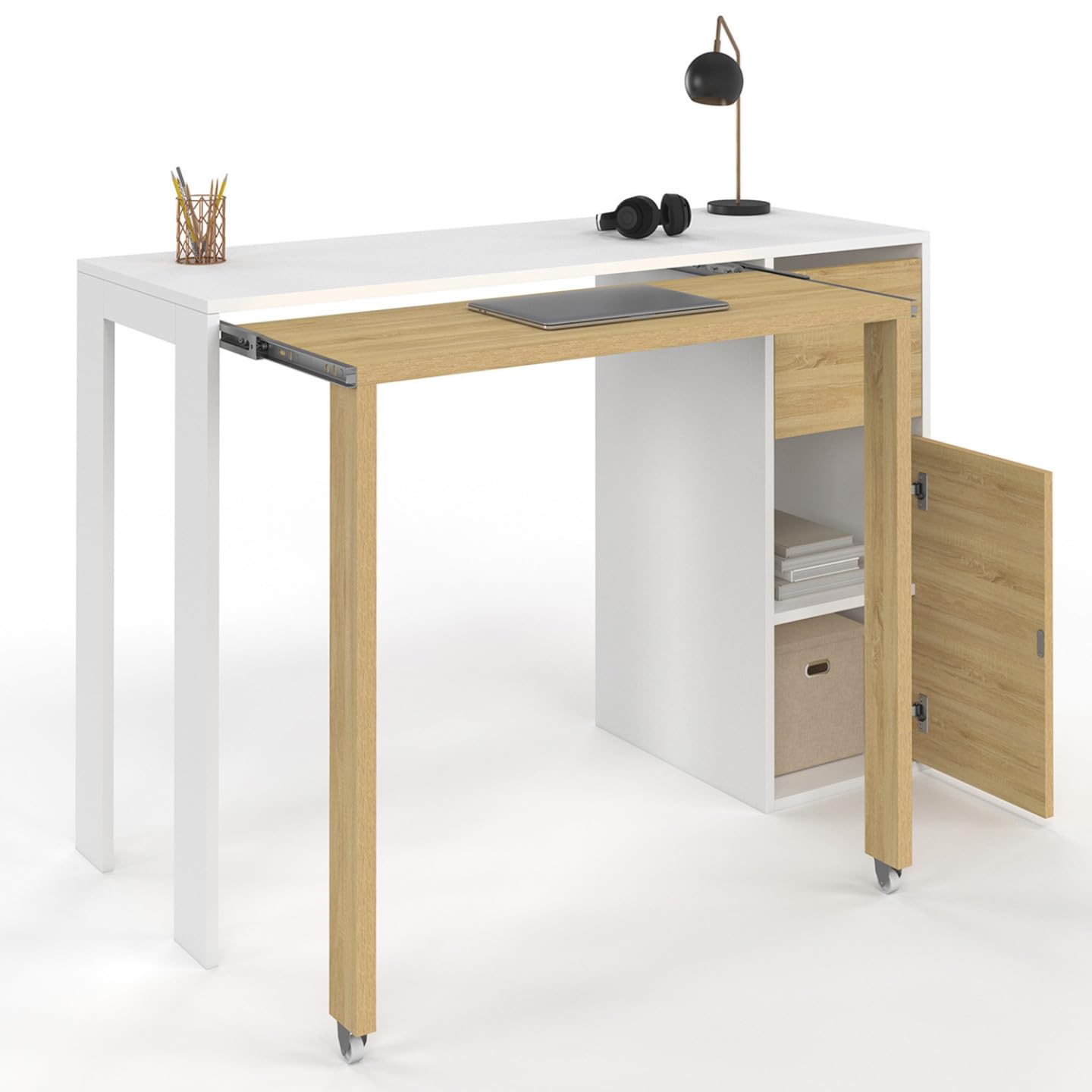 IDMarket – Escritorio extensible Ron con columna de almacenamiento cajón y armario blanco y madera