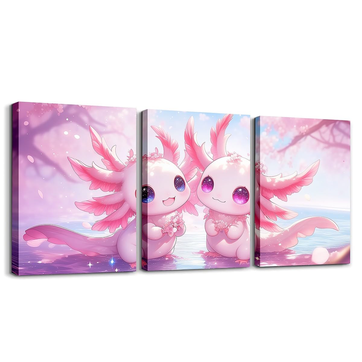 Kawaii Axolotl Paintings Wall Decor Pink Cherry Blossom Decor Canvas Wall Art,Cute Flowers Salamander Printing Poster Prints,Coastal Wildlife Animals Cartoon Framed Wall Art For Living Room Decor