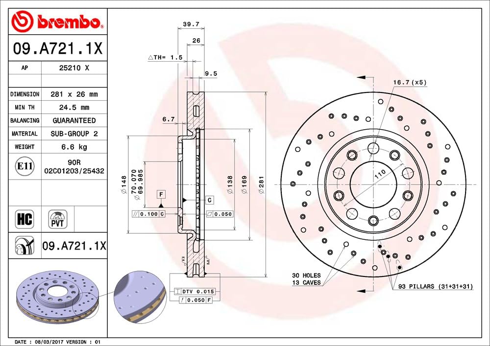 Brembo Xtra 09.A721.1X - Disco Freno Forato Anteriore, Set di 2