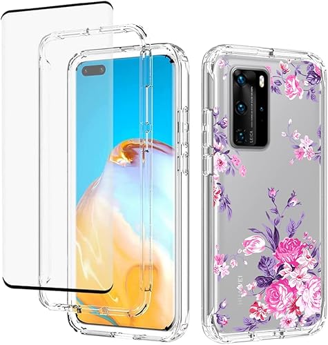 sidande Funda para Huawei P40 Pro ELS-N04 ELS-NX9 con protector de pantalla de vidrio templado funda protectora delgada de TPU floral transparente