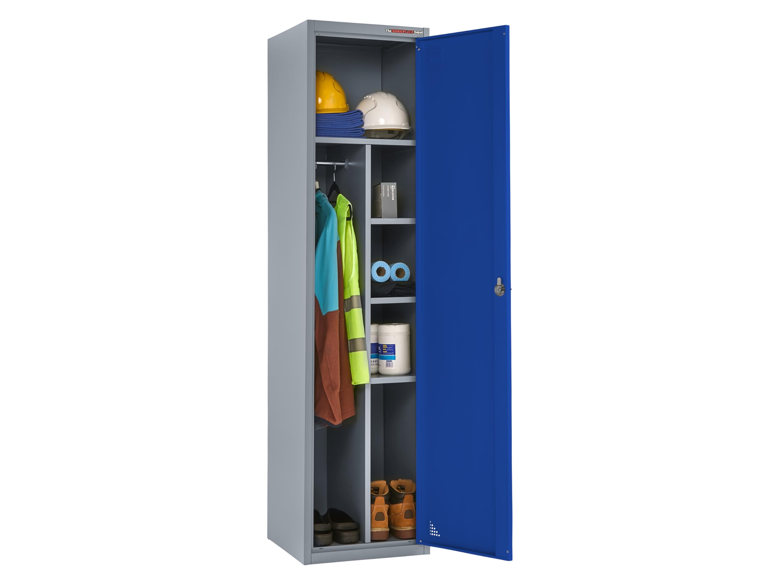 The Workplace Depot Janitor Storage Locker, Secure, Durable Clothes & Workwear Steel Locker with Hanging Rail & 6 Compartments (Blue)