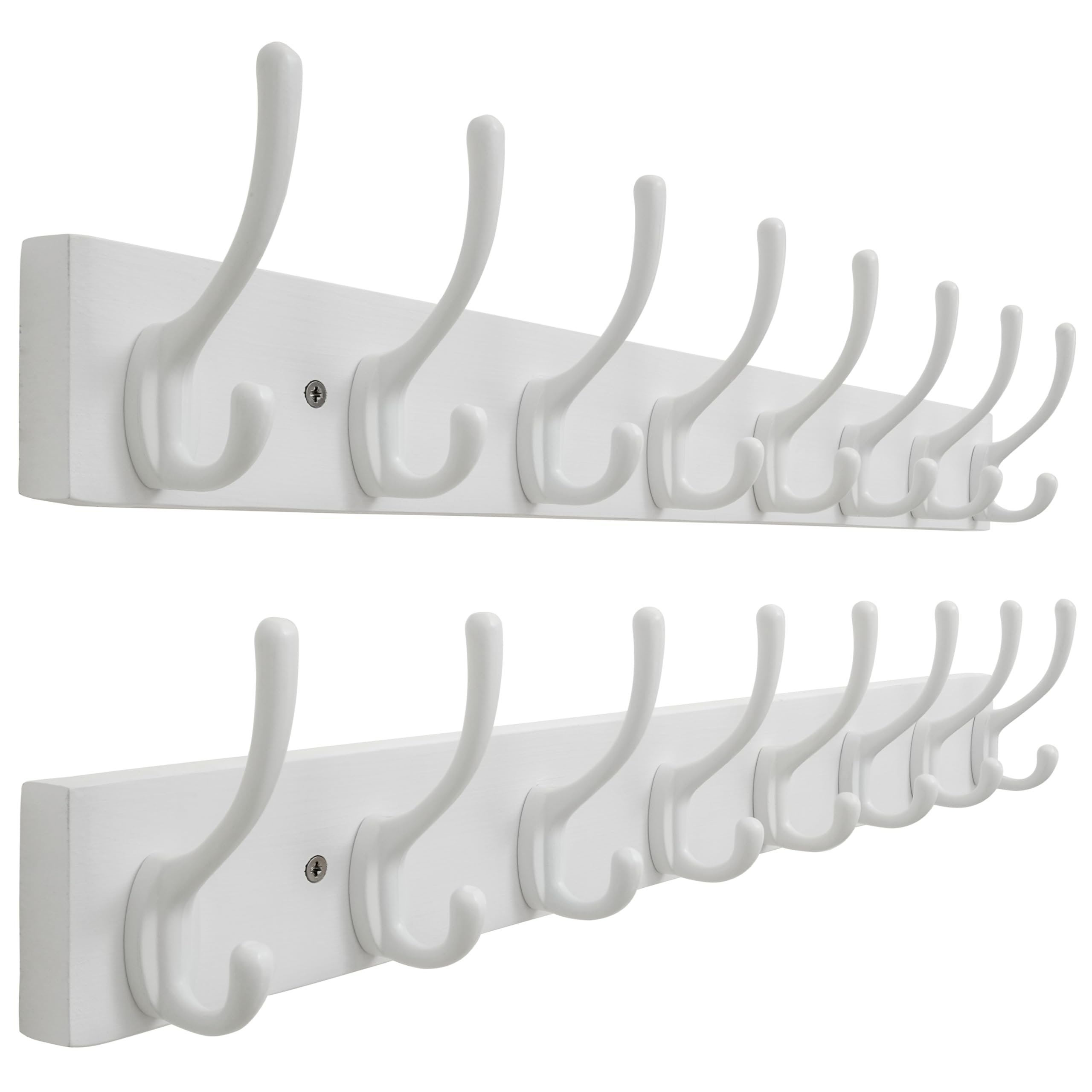 SKOLOO Solid Pine Wood Wall Mounted Coat Hooks, 56cm Long, Pack of 2, 8-Hook Modern Entryway Organizer with 16" Stud Installation, for Hallway, Bathroom, Kitchen (White Wood & White Hooks)​