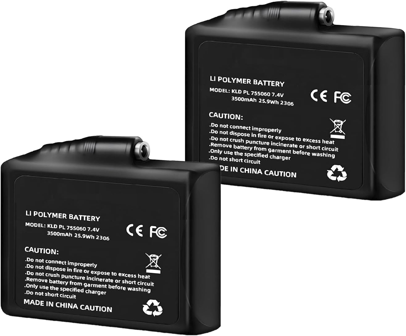 2Pcs 7.4V Heated Gloves Socks Battery, Dual Charger, USB Charging Cable Rechargable Lithium Polymer Batteries for Heated Gloves Socks Hats Mittens Heating Pad (3000mAh)