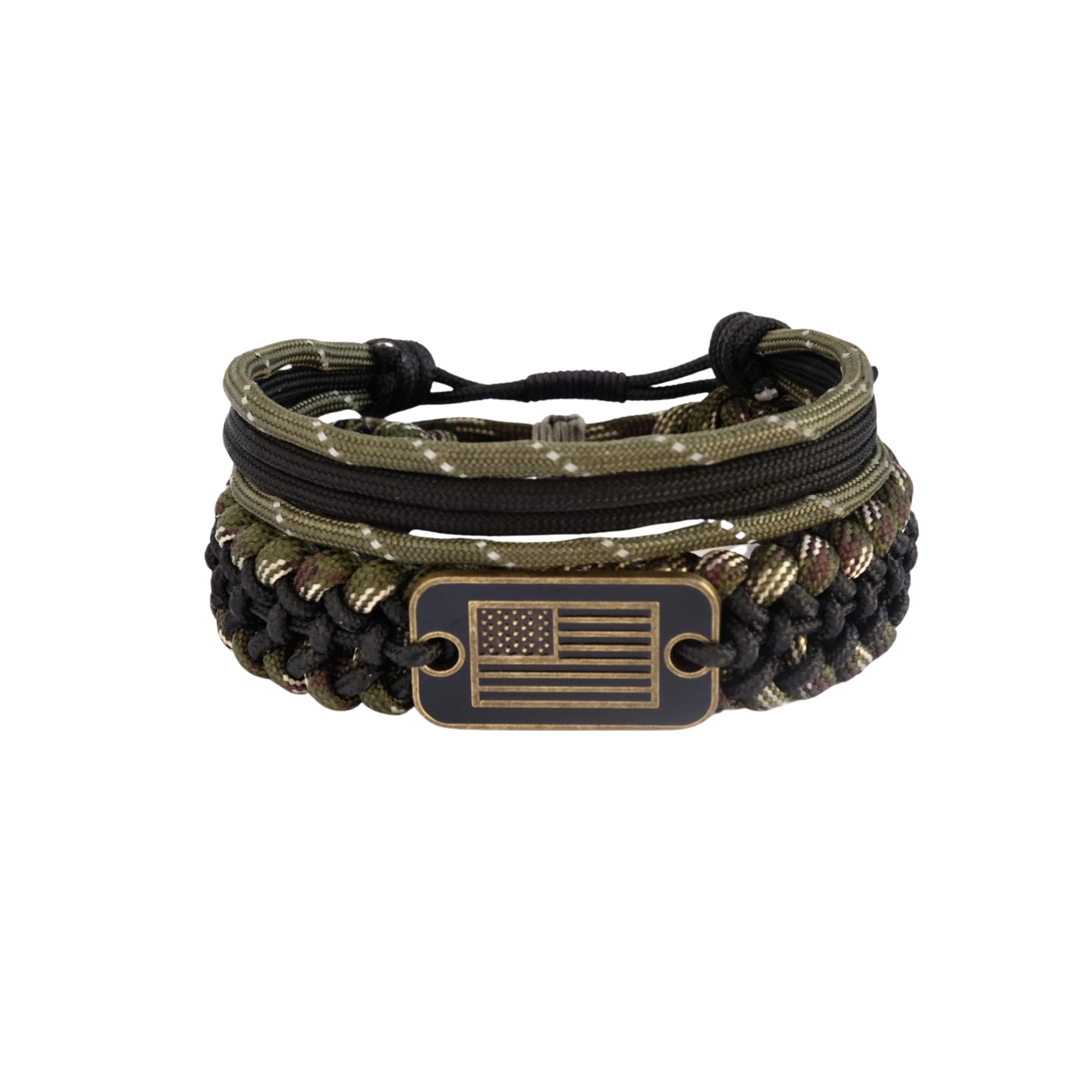 VIKENNIA Paracord Set - 02 Adjustable Braided and Rope Bracelets with Bronze USA Flag Charm - 550 Paracord Survival Bracelets - Green Camo (Set of 2) - For Men, Women, US Army Veterans