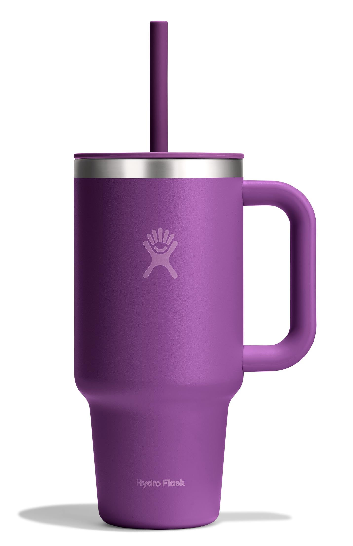 Hydro Flask Travel Tumbler with Handle, Lid and Straw - Insulated Stainless Steel in 32 Oz Beachplum Purple