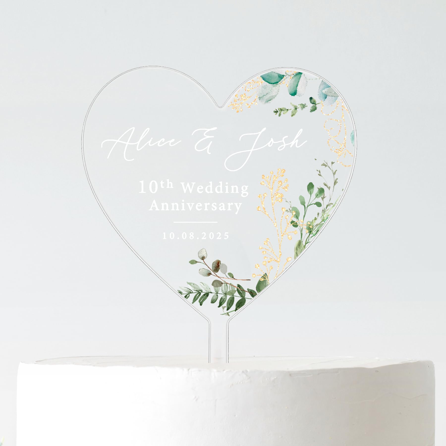Personalised 10th Wedding Anniversary Cake Topper | Heart Anniversary Cake Decoration | Custom Names & Date | Frosted Acrylic | 10cm or 12cm (WHITE TEXT, 10CM)