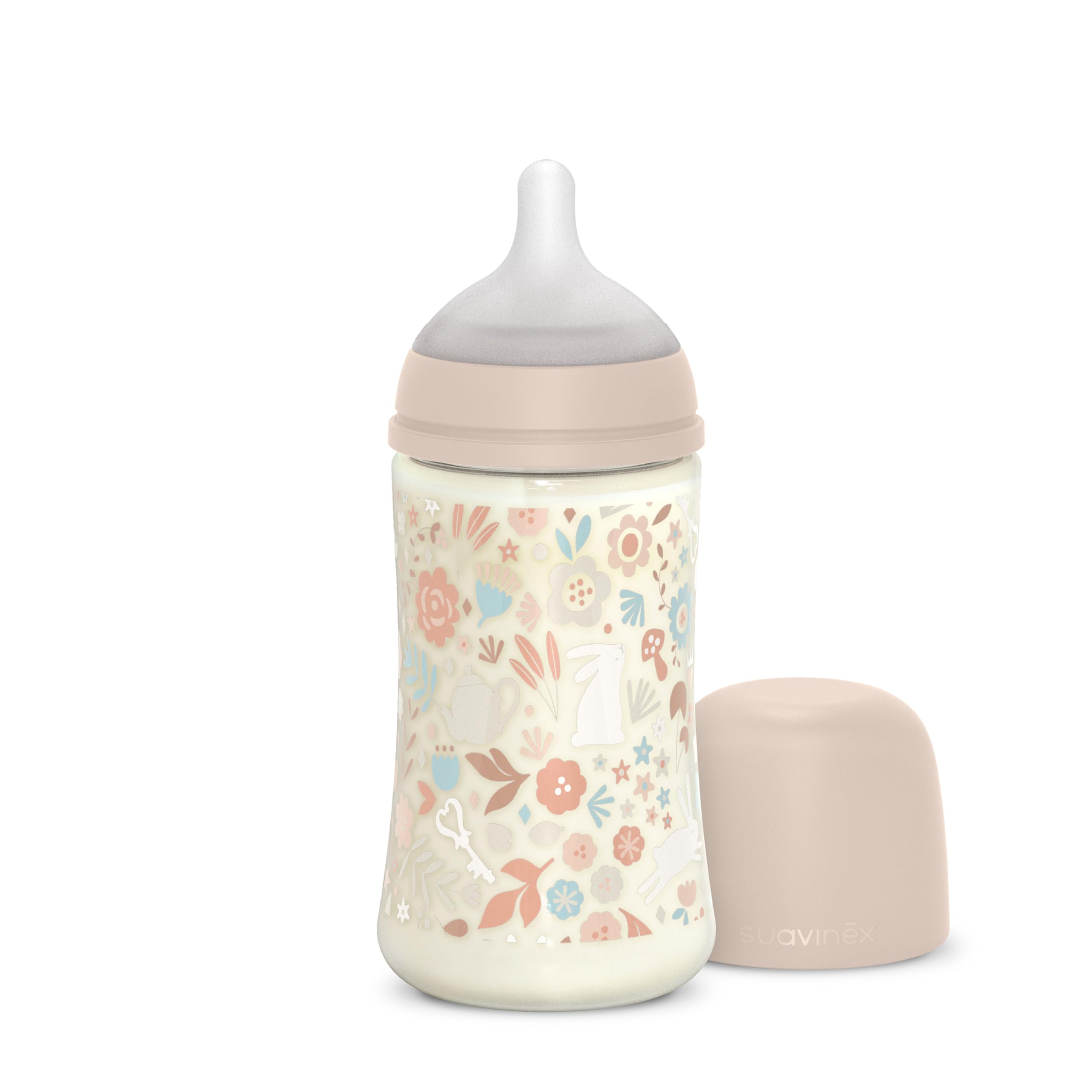 Suavinex, 270 ml Babyflasche, SX Pro Silikon-Sauger, Antikolik-Ventil. Flasche mit mittlerem Fluss-Sauger (M). Babys +0 Monate. Wonderland, Blumen, Rosa