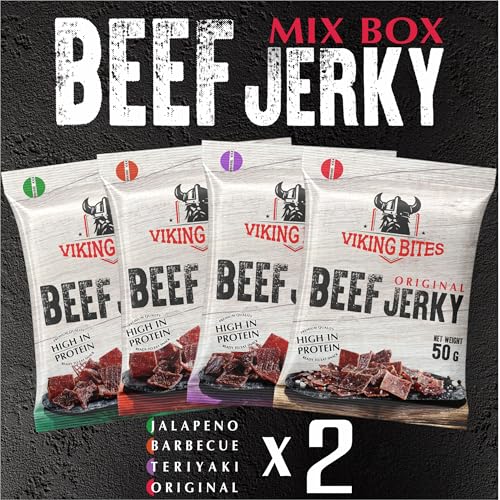 Viking Bites Beef Jerky Mischkarton 400g (8 x 50g) – 2x Original, 2x Jalapeno, 2x Barbecue, 2x Teriyaki – Getrocknetes Rindfleisch – Fleischsnack mit hohem Proteingehalt