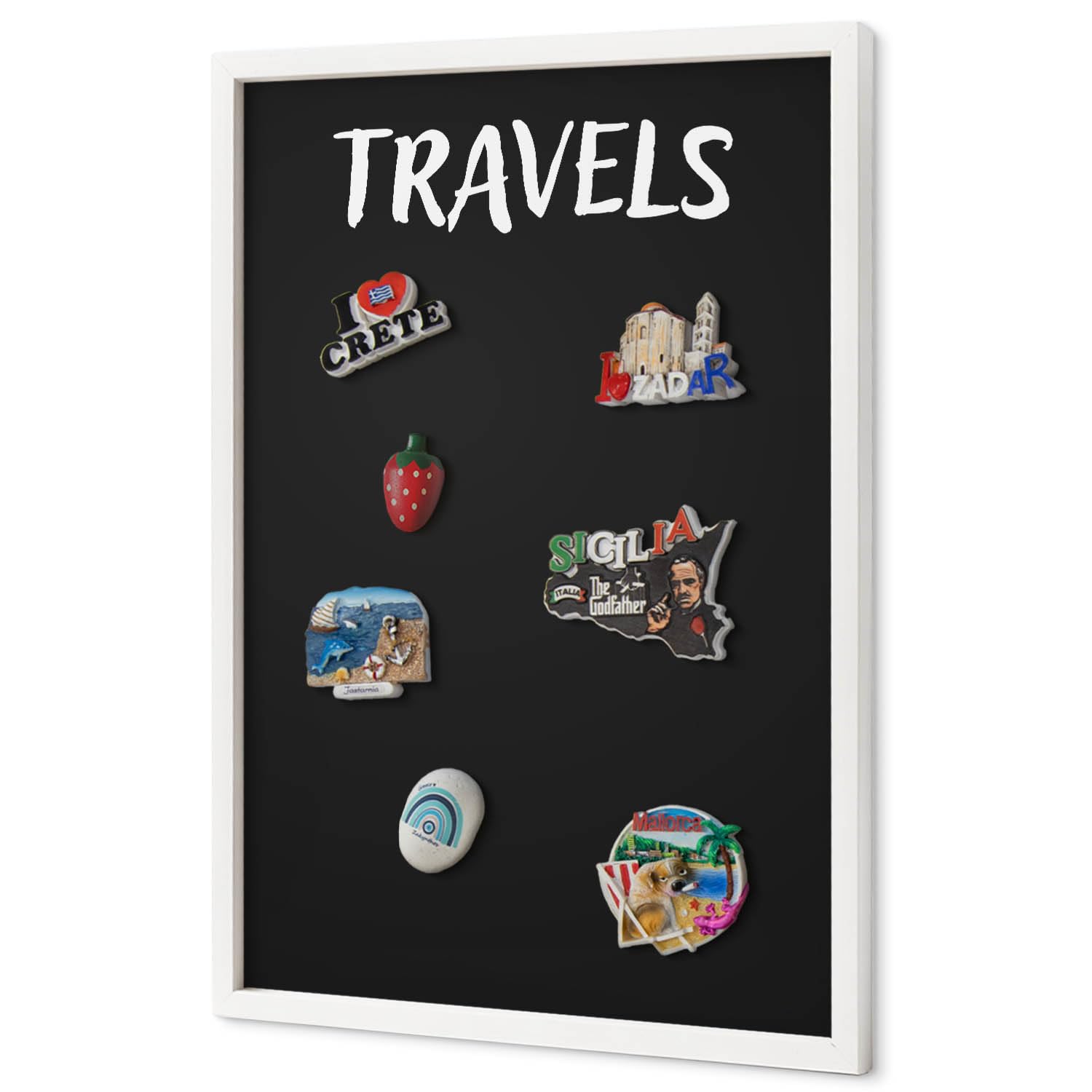 Pizarra Magnética de Pared 40x60 cm | con Marco Blanco | Travels | Montaje Fácil | Tablero Imantado | Para Imanes Turísticos, Recuerdos de Viaje y Fotos | Decoración para Salón o Pasillo