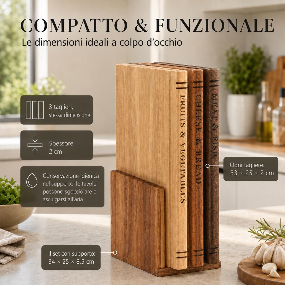 Set Taglieri da Cucina in Legno con Supporto – 3 Taglieri in Rovere, Acacia ed Ebano – Tagliere Legno Massello per Cucina con canalina – Senza Plastica, Design Salvaspazio in Stile Libreria