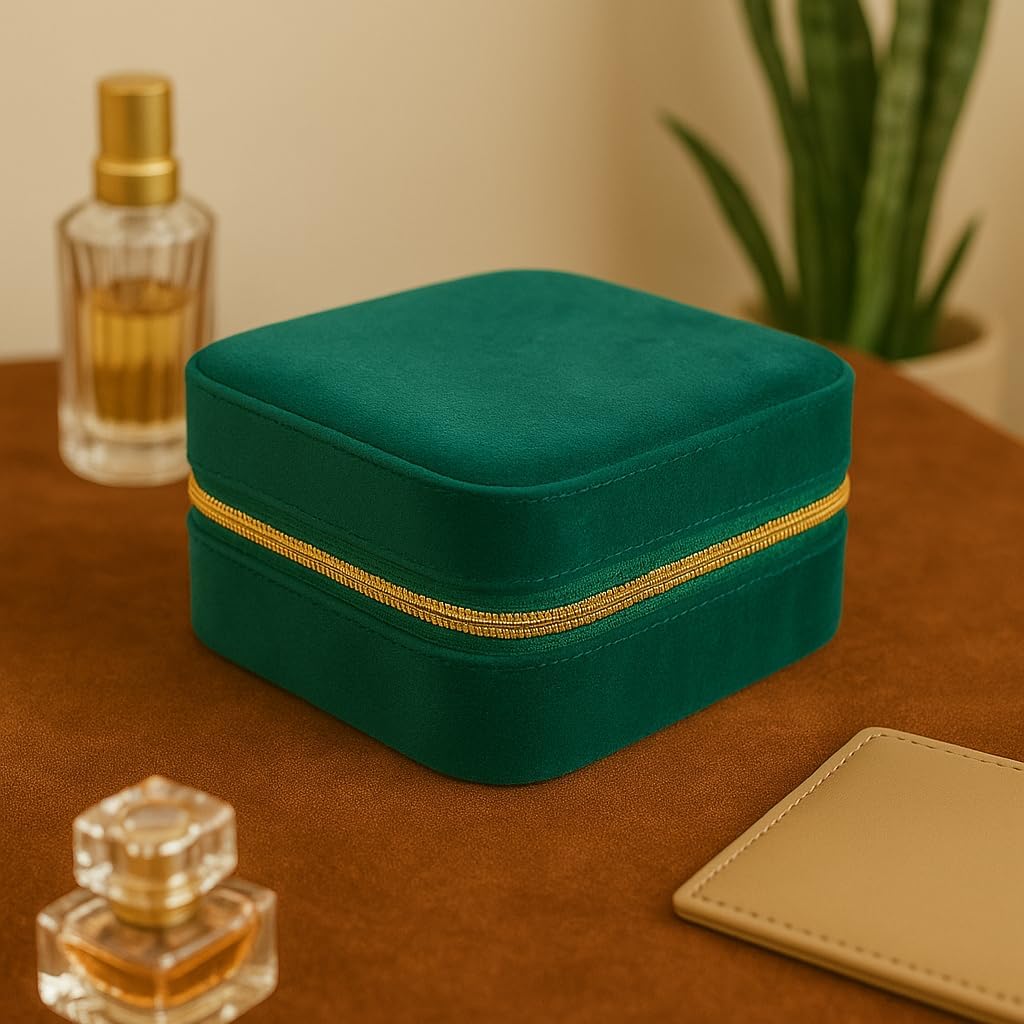 Velvet Jewelry Box Travel Jewelry Organizer with Mirror Soft Plush Case for Necklaces, Earrings, Bracelets & Rings Gift for Women, Girlfriend, Mom or Best Friend (Premium Velvet - Emerald green)