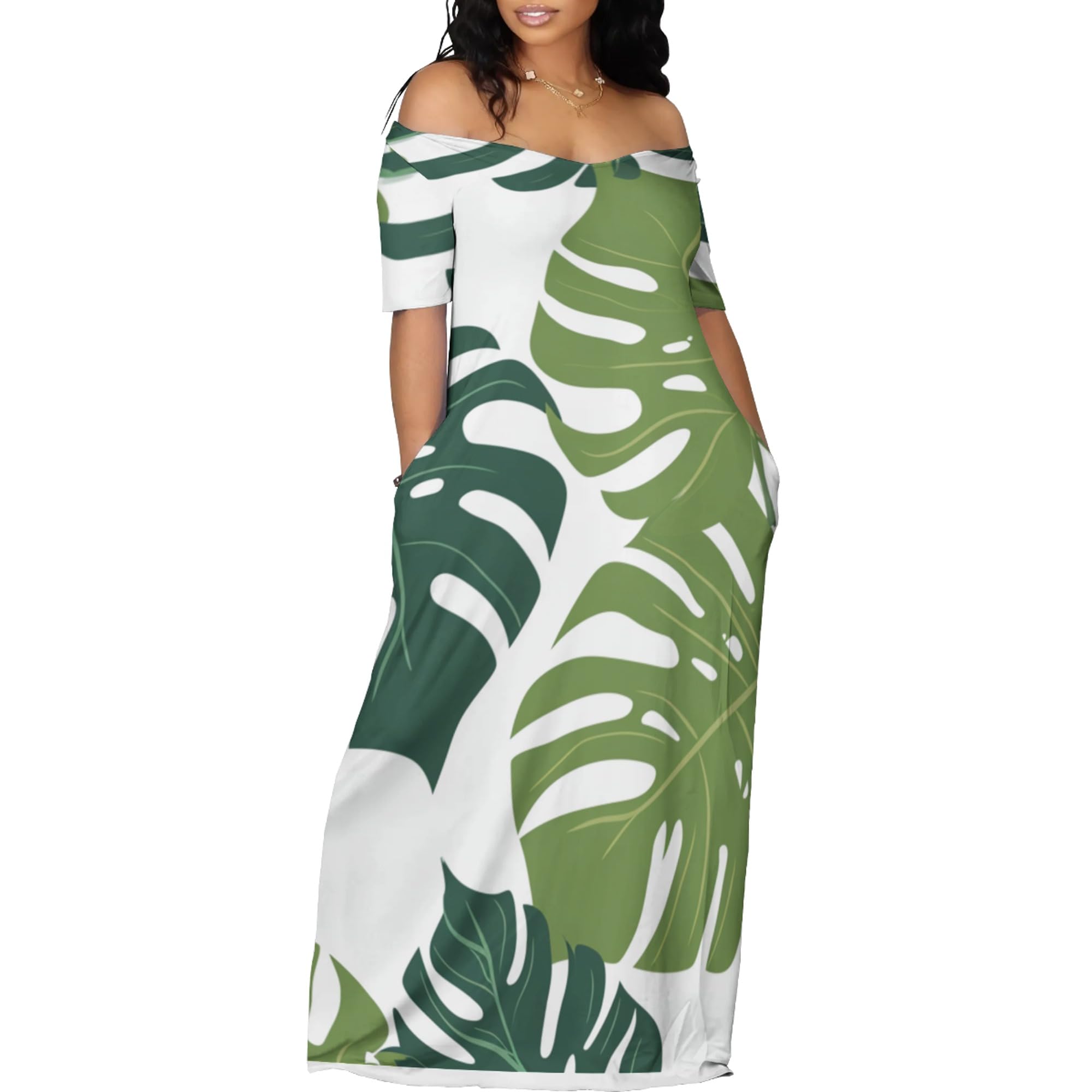 Xolivan Summer Plus Size Dress for Curvy Womens Off Shoulder Short Sleeve Vintage Party Boho Floral Bodycon Maxi Dress