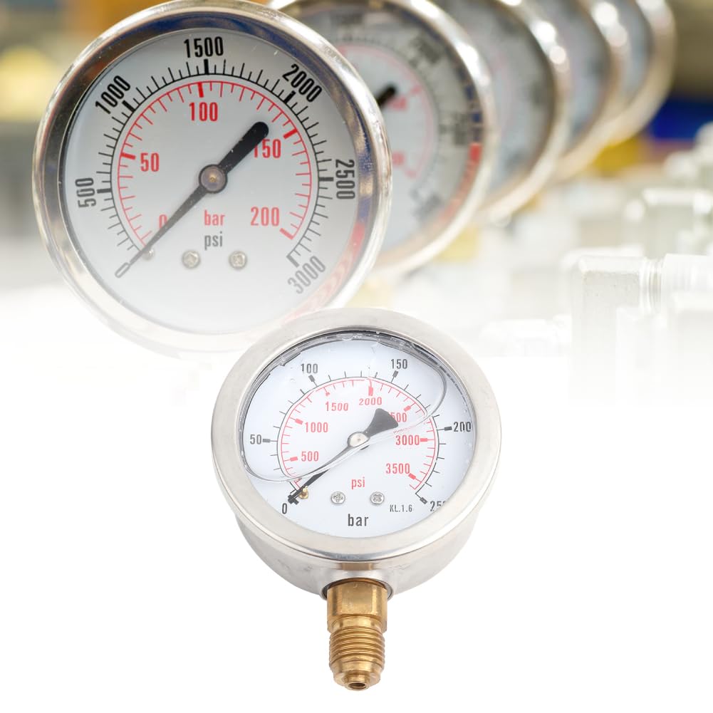 Manómetro Industrial, manómetro hidráulico de 0-250 bar/0-3750 PSI, manómetro hidráulico G1/4 con Esfera de 63 mm y Relleno de líquido.