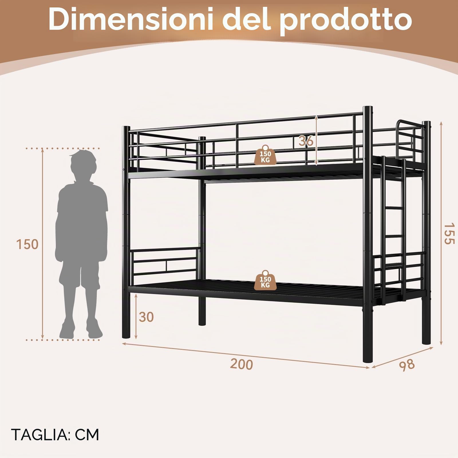 Letto a Castello per Adulti 90 X 200cm, Letto a Castello per Bambini con Scaletta & Ringhiera di Sicurezza, Trasformabile in Due Letti Singoli, Letti a Soppalco Metallo con Rete a Doghe (Nero)