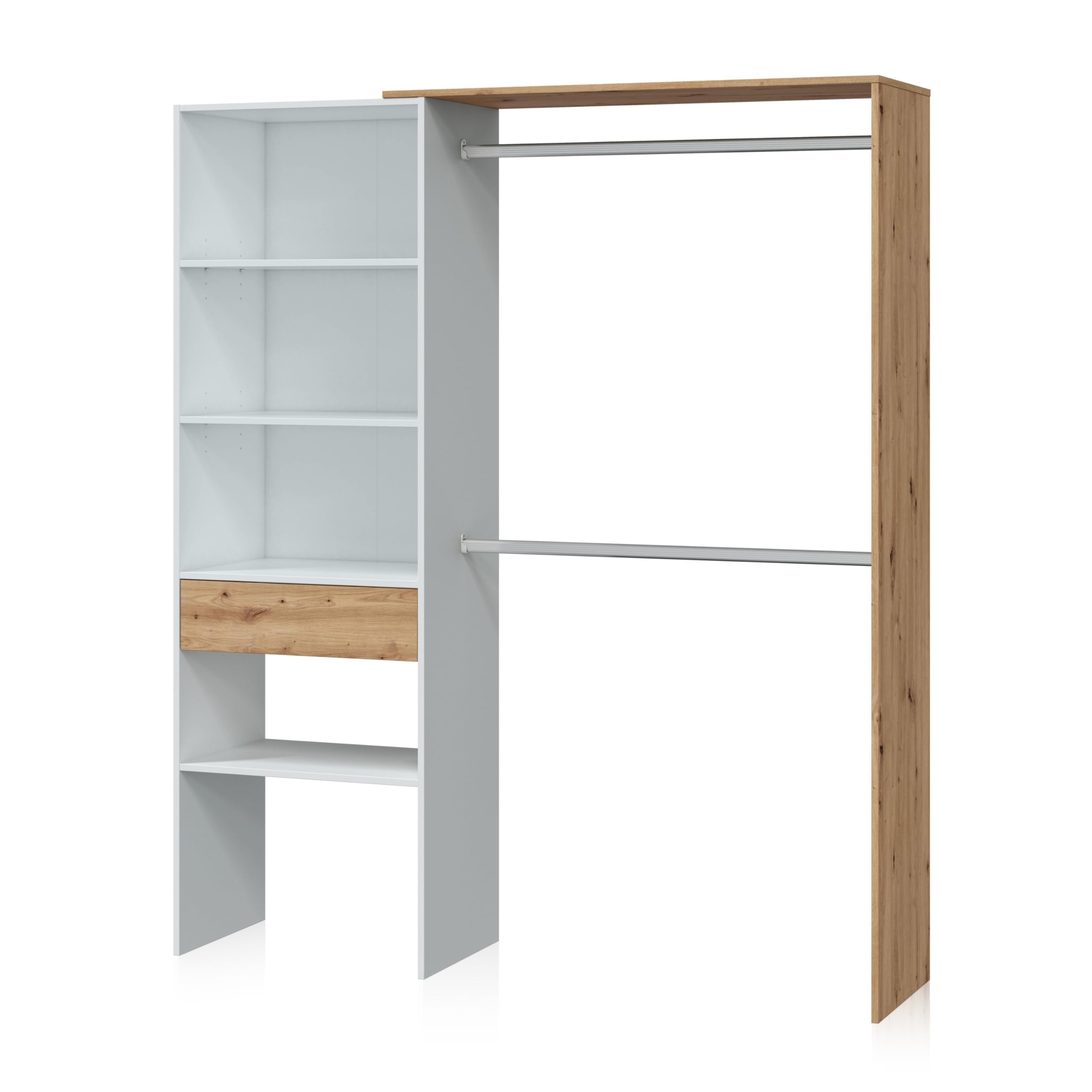 duehome | Armario Vestidor, Armario Abierto, Vestidor Reversible, Model Ezra, Acabado en Blanco Soft y Roble Nodi, Medidas: 158 cm (Largo) x 187 cm (Alto) x 40 cm (Fondo)