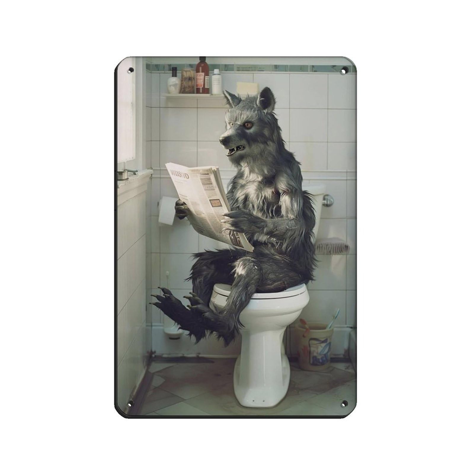 Werewolf Sitting on The Toilet Reading A Newspaper (4) Tin Sign Vintage Metal Pub Club Cafe Bar Home Wall Art Decoration Poster Retro 8x12inch(20x30cm)