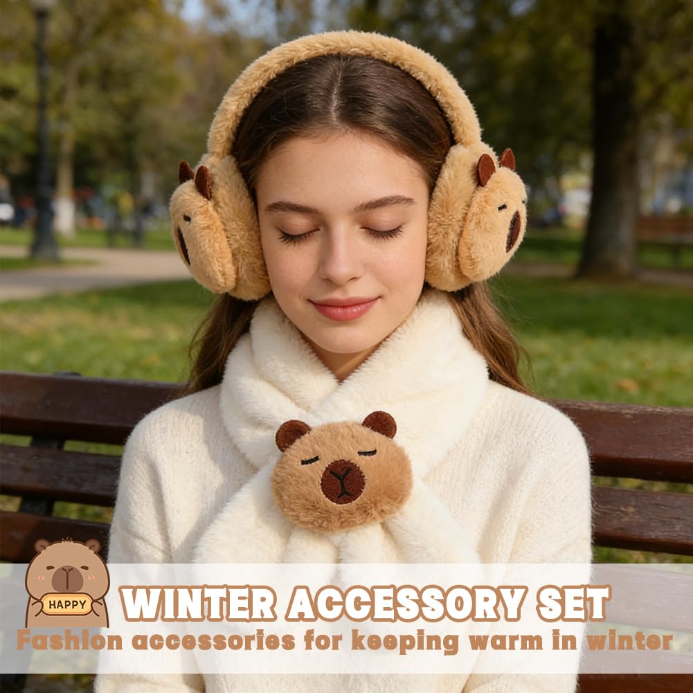 Orejeras de Invierno para Niños, Bufanda infantil Peluche Capybara, Diseño de Estilo de Capybara,Para Actividades Aire Libre En Invierno Correr Esquiar Senderismo-2pcs