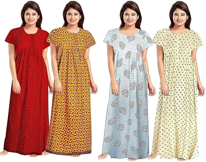Image of Nighty for Women Cotton Printed Maxi Gown Ankle Length Nighty Night Dress Gown for Women Maxi - Free Size (Pack of 4)