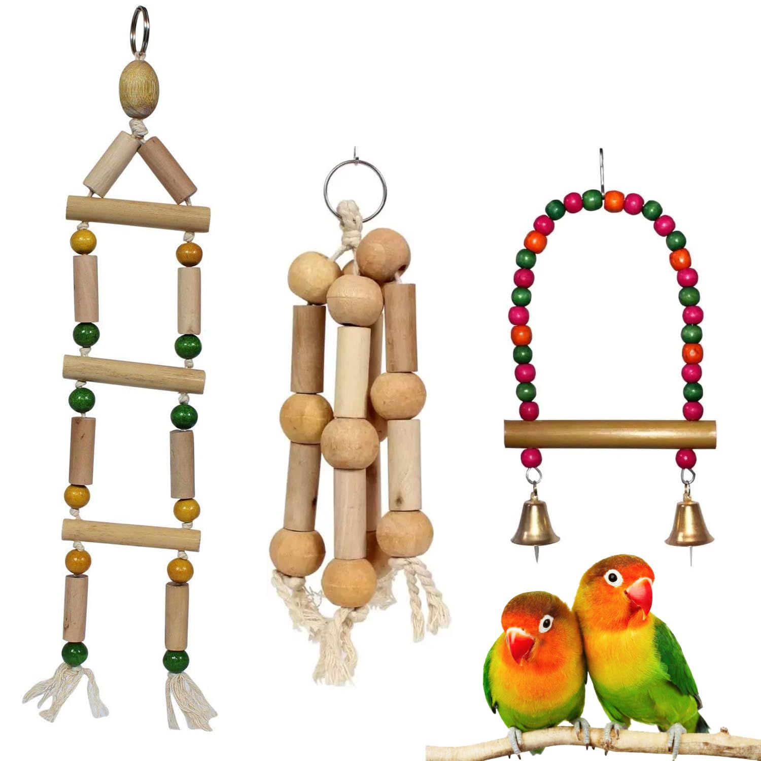 3 Packs Bird Parrot Chewing Toys-Hanging Bell Bird Cage Toys Suitable for Small Parakeets, Cockatiels, Conures, Finches,Budgie,Macaws, Parrots, Love Birds Hand Crafted