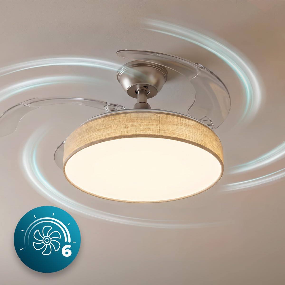 Cecotec Ventilatore da Soffitto con Luce con 3 Pale Retrattili EnergySilence Aero 3666 Invisible Textile. 30W, Motore DC, Diametro 36", 3 Toni LED, Telecomando, 6 Velocità, Timer, Design In Tessuto