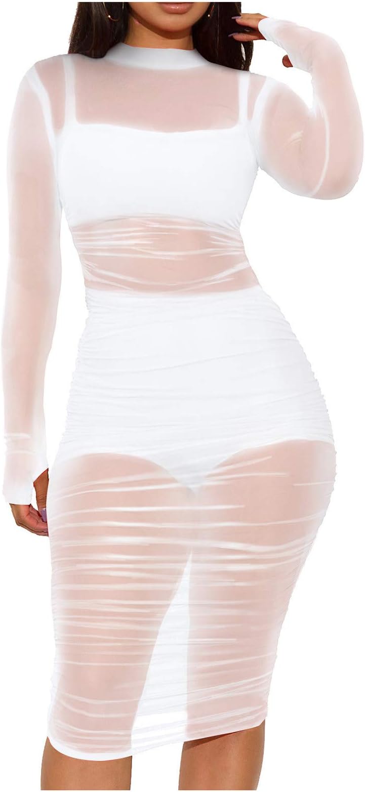 Womens Sexy 3 Piece Club Outfits Mesh Sheer Bodycon Mini Dress Long Sleeve See Through Prom Outfits with Cami Shorts