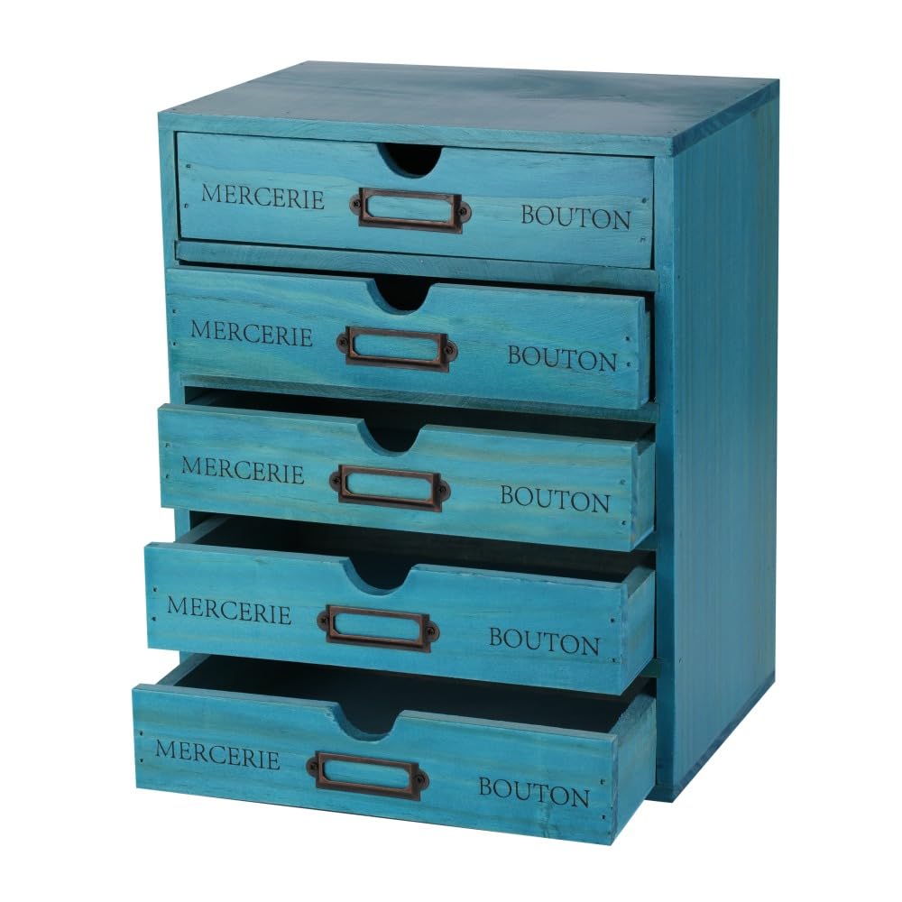 BoxSkivra Wooden Storage Box with 5 Drawers Apothecary Drawers Vintage Wooden Drawers Wood Desktop Organizer with Drawer Library Card Catalog Cabinet Apothecary Cabinet （BLUE）