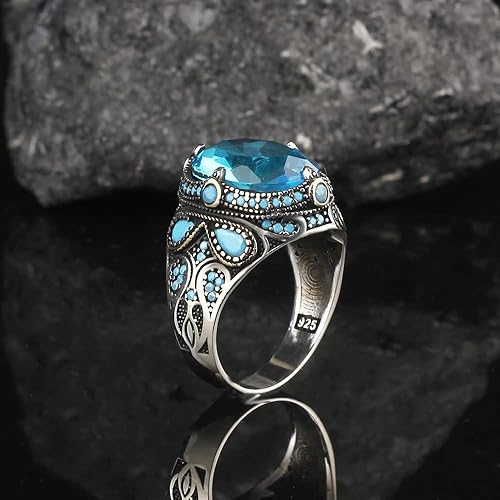 Miniatura 4 de 925 Sterling Silver Aquamarine Stone with Turquoise Stones Men Silver Ring, Handmade Blue Aquamarine Stone Men's Silver Ring, Vintage Men Ring,
