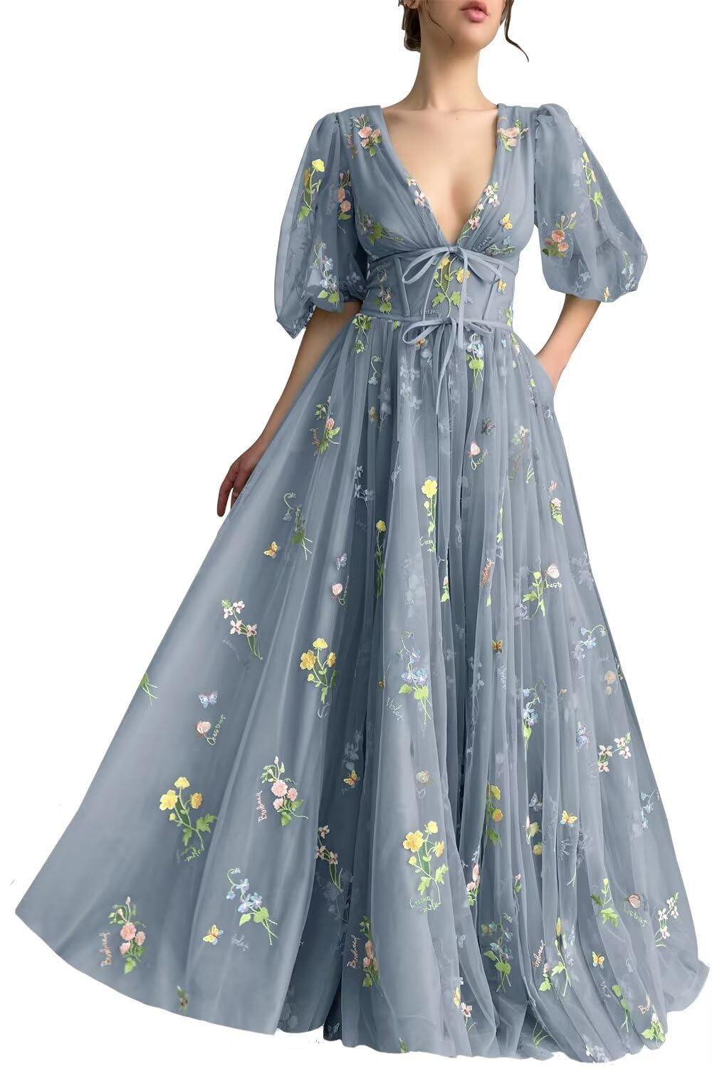 YIANN Flower Embroidery Tulle Prom Dresses Dusty Blue for Women 2025 Half Sleeve Spring Wedding Dress Party Gown UK26