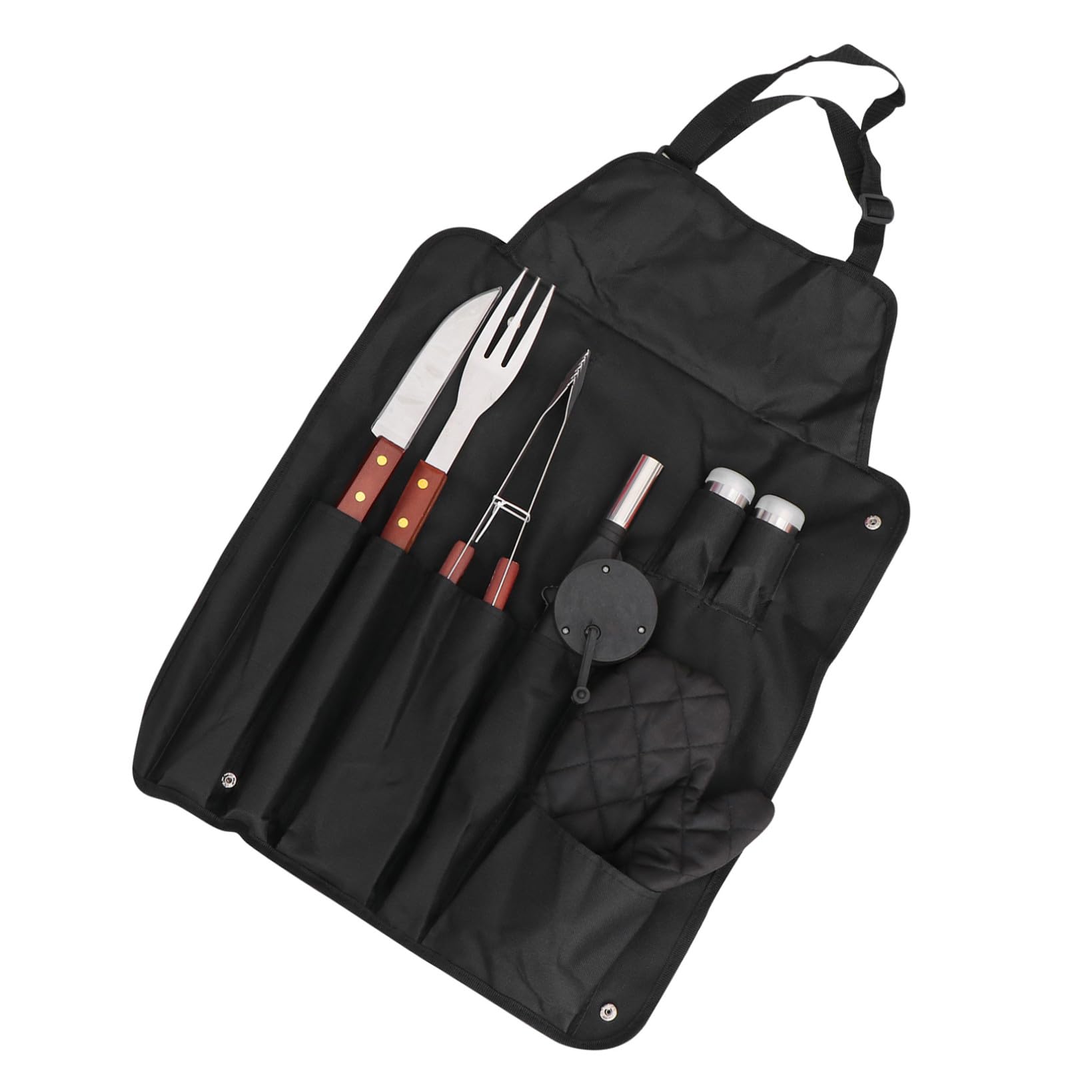 Set Utensili Barbecue in Acciaio Inox Manico Legno | Borsa Inclusa, Nero, Design Compatto, Resistente al Calore, per Barbecue All'aperto e Festa Grill