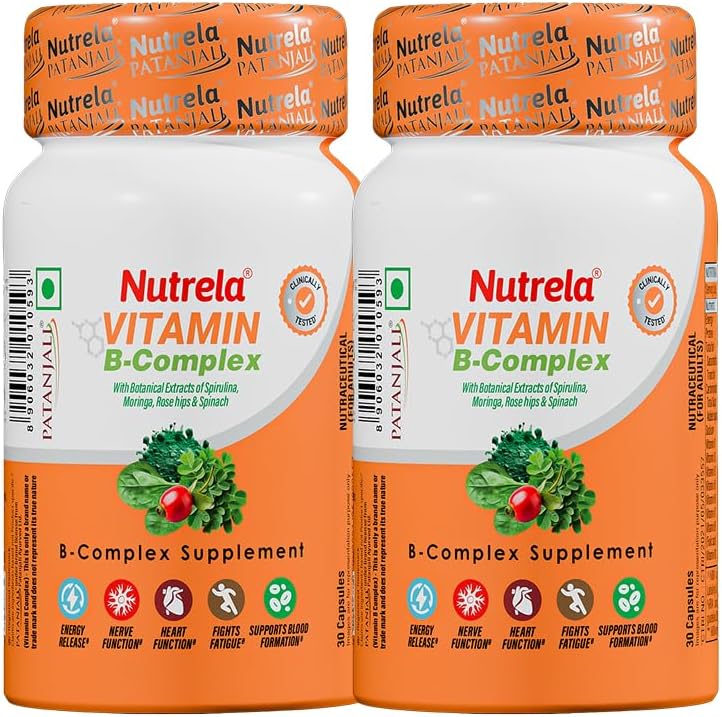 B Complex with B1, B2, B3, B5, B6, B7, B9, & Vitamin B12 for Men & Women | Vitamins, Moringa and Spirulina for Energy, Gut, Immunity & Brain Health - 30 Veg Capsules (Pack of 2)
