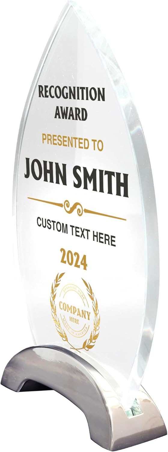 7 1/2" Personalized Glass Plaque for Awards and Trophies, Custom Award for Employee of the Month, Retirement, Leadership and Appreciation Gift F (D3)