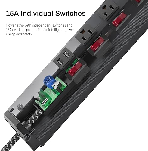 Miniatura 5 de Regleta de alimentación con interruptor individual, 5 salidas y 2 puertos USB, protección contra sobrecarga de 15 A, regleta de alimentación
