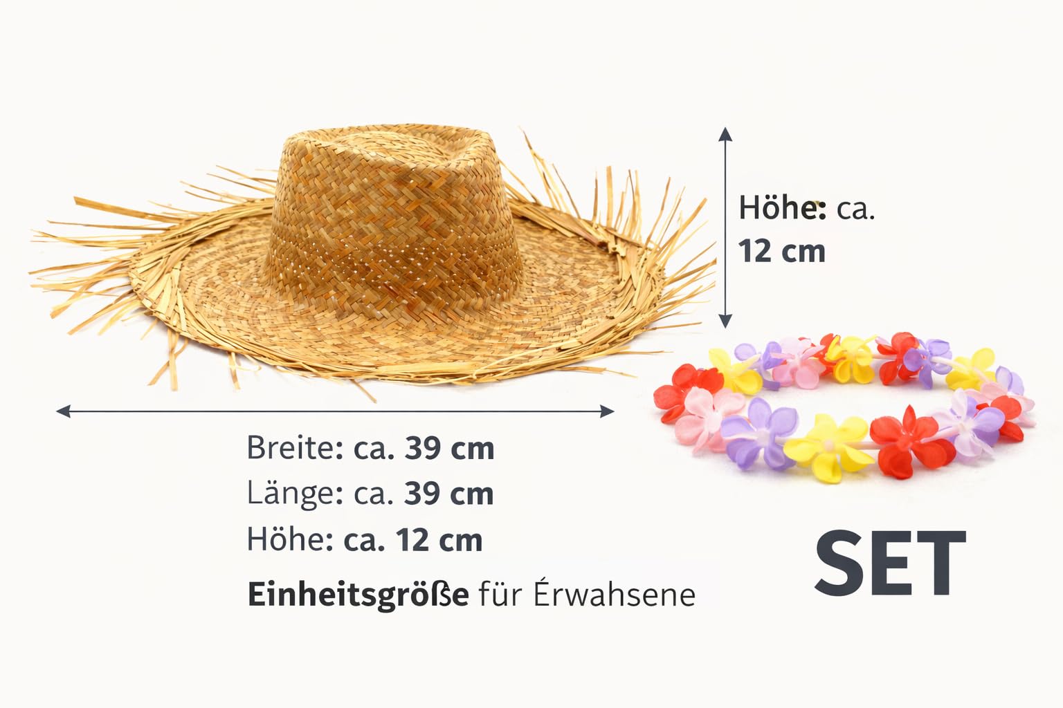 Party-Set für Erwachsene – Strohhut mit Fransen + Hawaii-Blumenkette – Geflochtener Sommer- & Strandhut – Ideal für JGA, Fasching, Strand & Halloween – Einheitsgröße ca. 39 x 39 x 12 cm