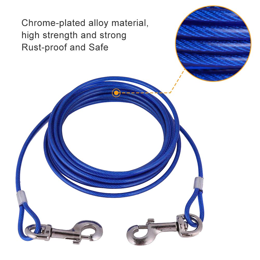 Dog Chain Extendable for Pets Long Steel Wire Dog Rope with Double Clips, Chew Resistant Tie Out for Picnic, Camping, Outdoor Use Secure Animal Safety with Durable Cord (Blue)