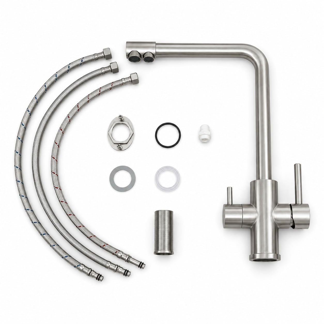 AORA® VANTO INOX 3 Wege Wasserhahn Küche aus massivem Edelstahl 304 – Küchenarmatur Hochdruck für Wasserfilter & Osmoseanlage – Spültischarmatur mit 360° Auslauf – Mischbatterie Küche | L-Auslauf