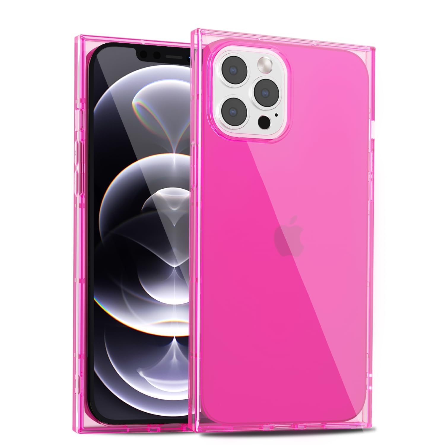 for iPhone 12/12 Pro Clear Case Rectangle Edge, Slim Thin Transparent Girly Y2k Cute Designer Phone Case for Women, Trendy Aesthetic Design Soft Silicone Cover, Bright Neon Hot Pink