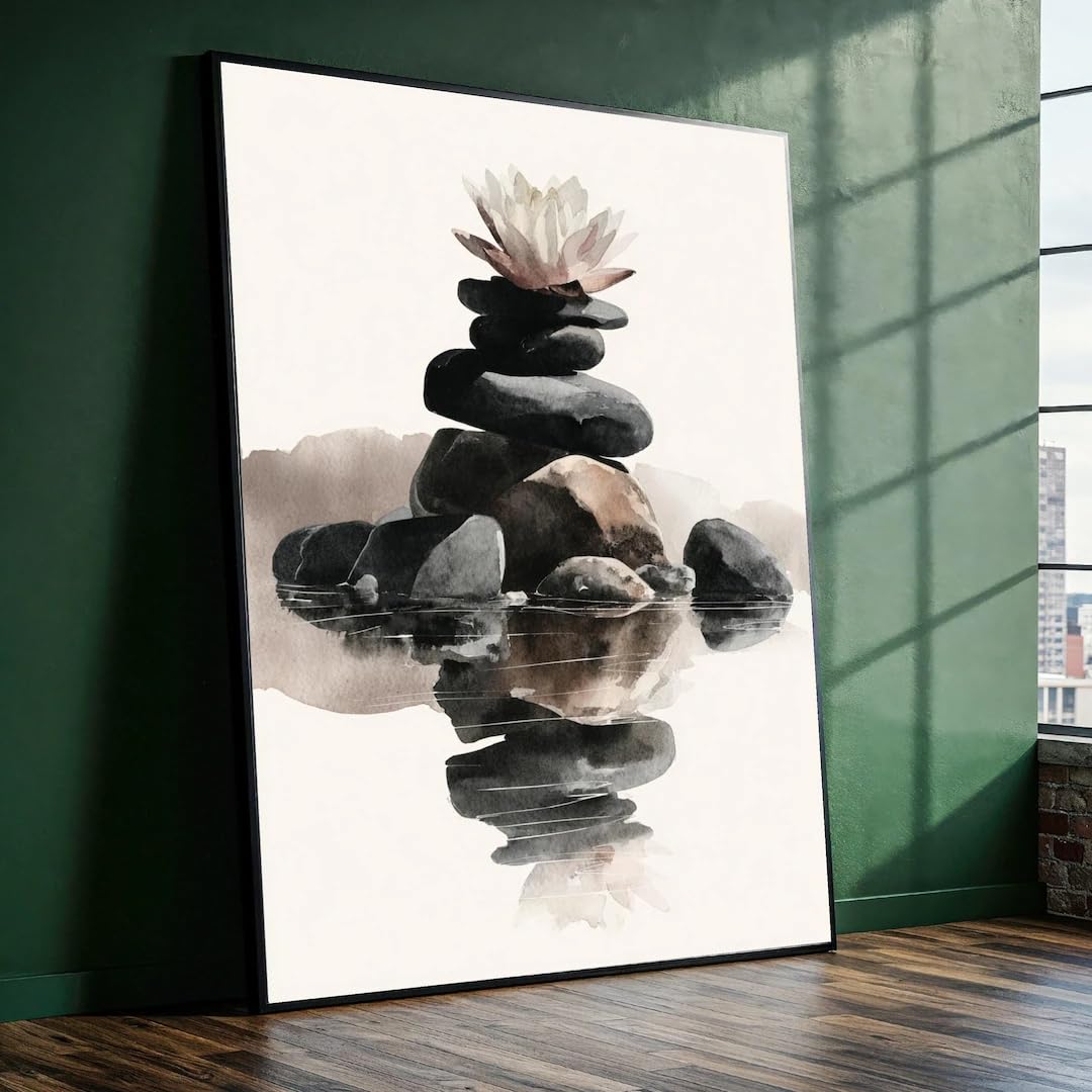 YUSUZHU Zen Stone Stack with Water Lily Canvas, Minimalist Canvas Wall Art, Tranquil Neutral Tones, Meditation Decor, Canvas(70x100cm/Frameless)