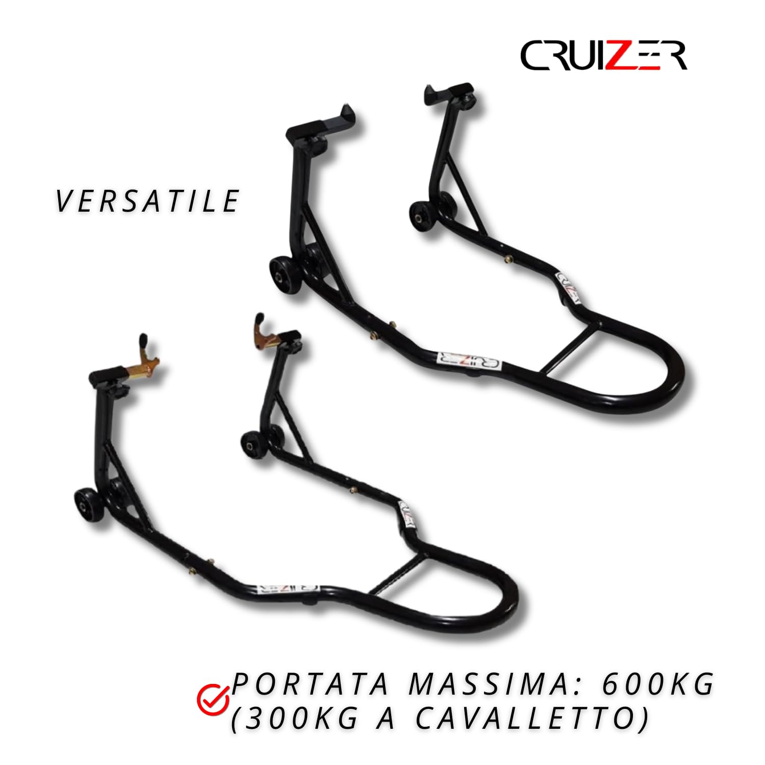 CRUIZER Cavalletto Moto Anteriore con Attacchi a Cono + Cavalletto Posteriore a Forchetta Regolabili con Ruote Sottostanti Barre Rinforzi Laterali Carico Massimo 600 kg