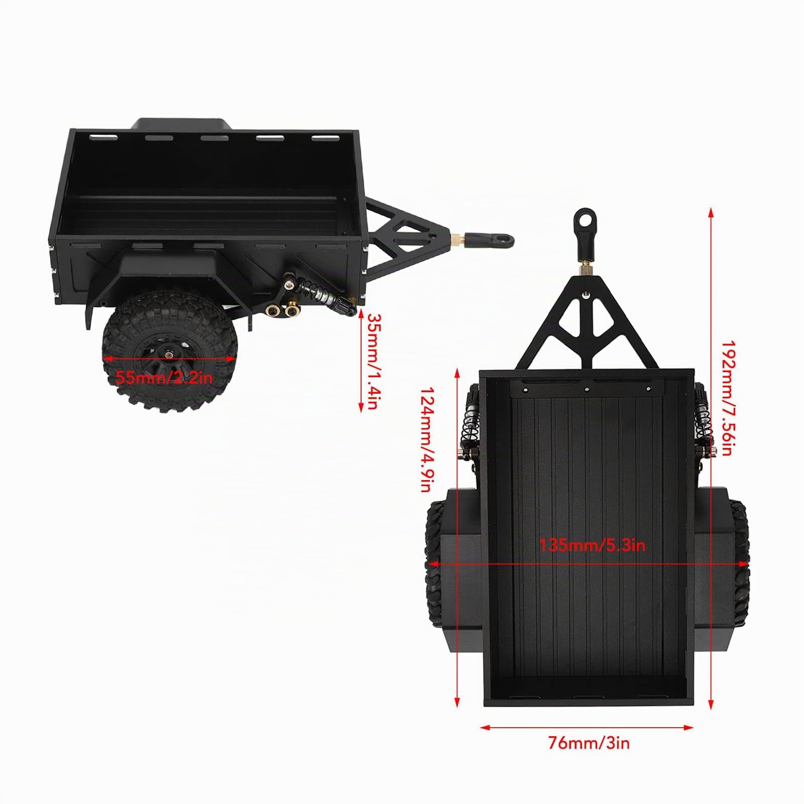 Tonysa 1/18 RC Auto Anhänger, Wasserdichter Hitch Anhänger mit Gummireifen, Fernsteuerbarer Anhänger aus Aluminiumlegierung, Simuliertes Styling für 1/18 RC Fahrzeuge, Schwarz