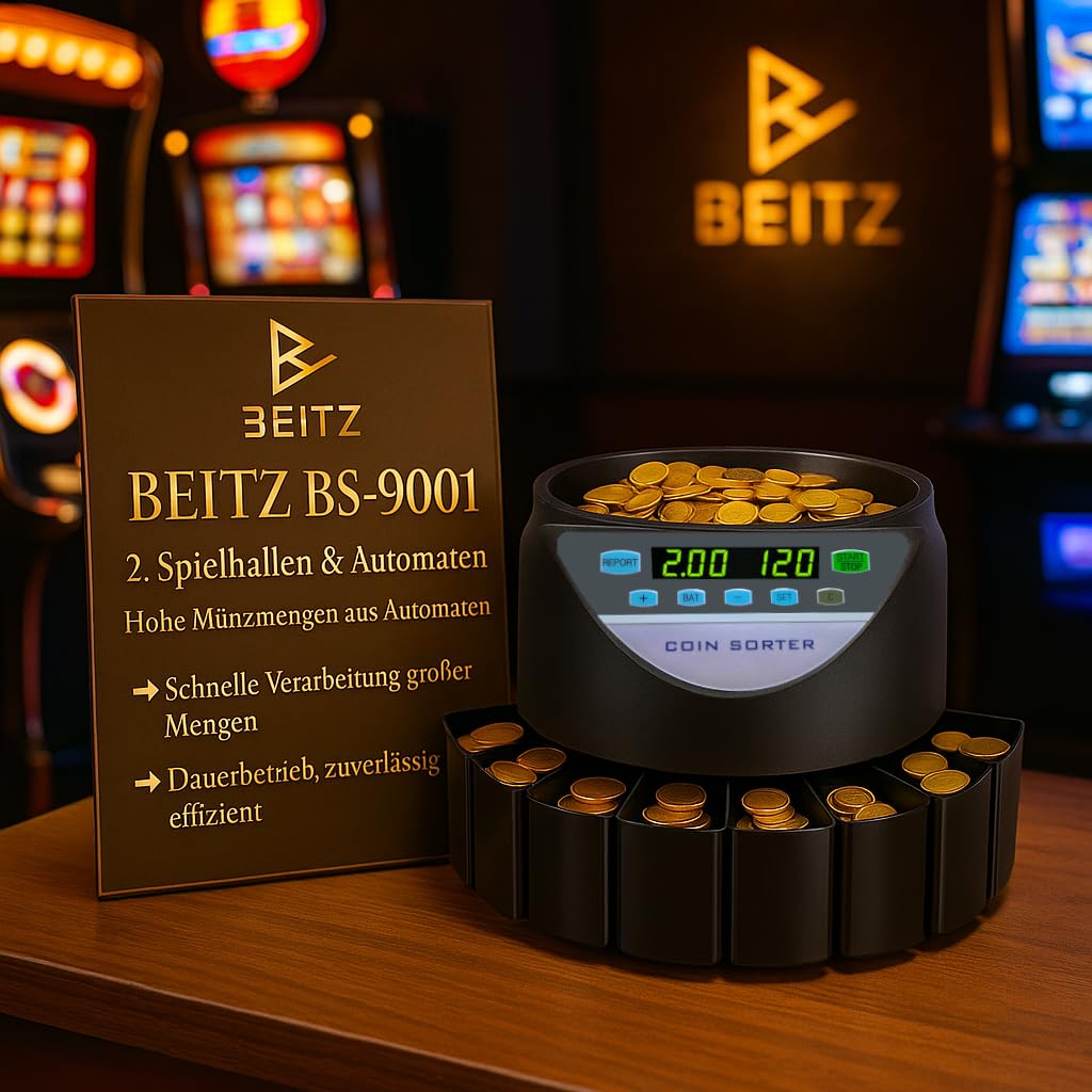 BEITZ BS-9001 | Automatischer Münzzähler & Münzsortierer für EUR | Geldzählmaschine für Kleingeld | Zählt & Sortiert Münzen nach Wert | Elektronischer Münzautomat | Münzzählmaschine mit 8 Münzfächer