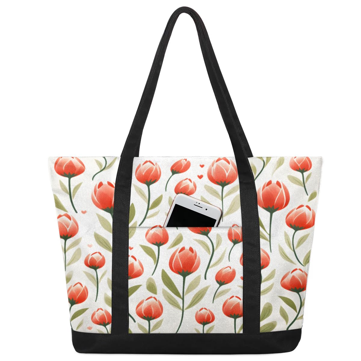 Canvas Tote Bag for Women Flower Reusable Grocery Shopping Bag with Zipper Women Gift