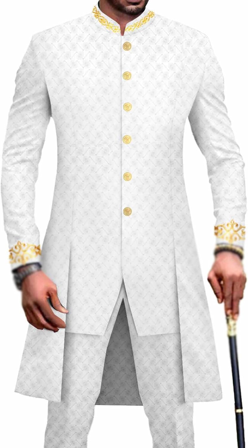 Ourmoon African Mens Clothing Embroidery Dashiki Shirts and Pants Outfits 2 Pieces Formal Traditional Suit Ethnic Tribal Suit